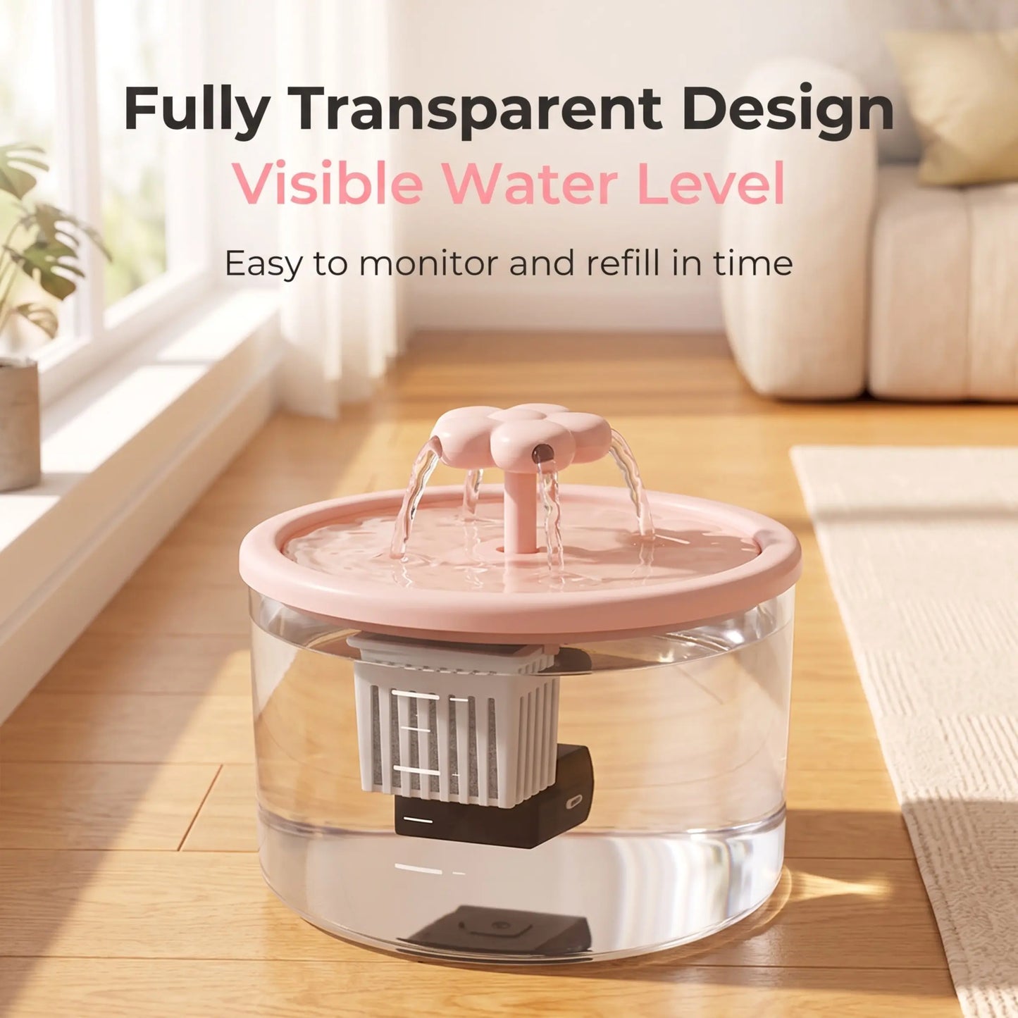 Cat Fountain Water Dispenser, Transparent Design, Quiet Operation, USB Powered, Recirculating Filter, Indoor Cat Drinking Accessory