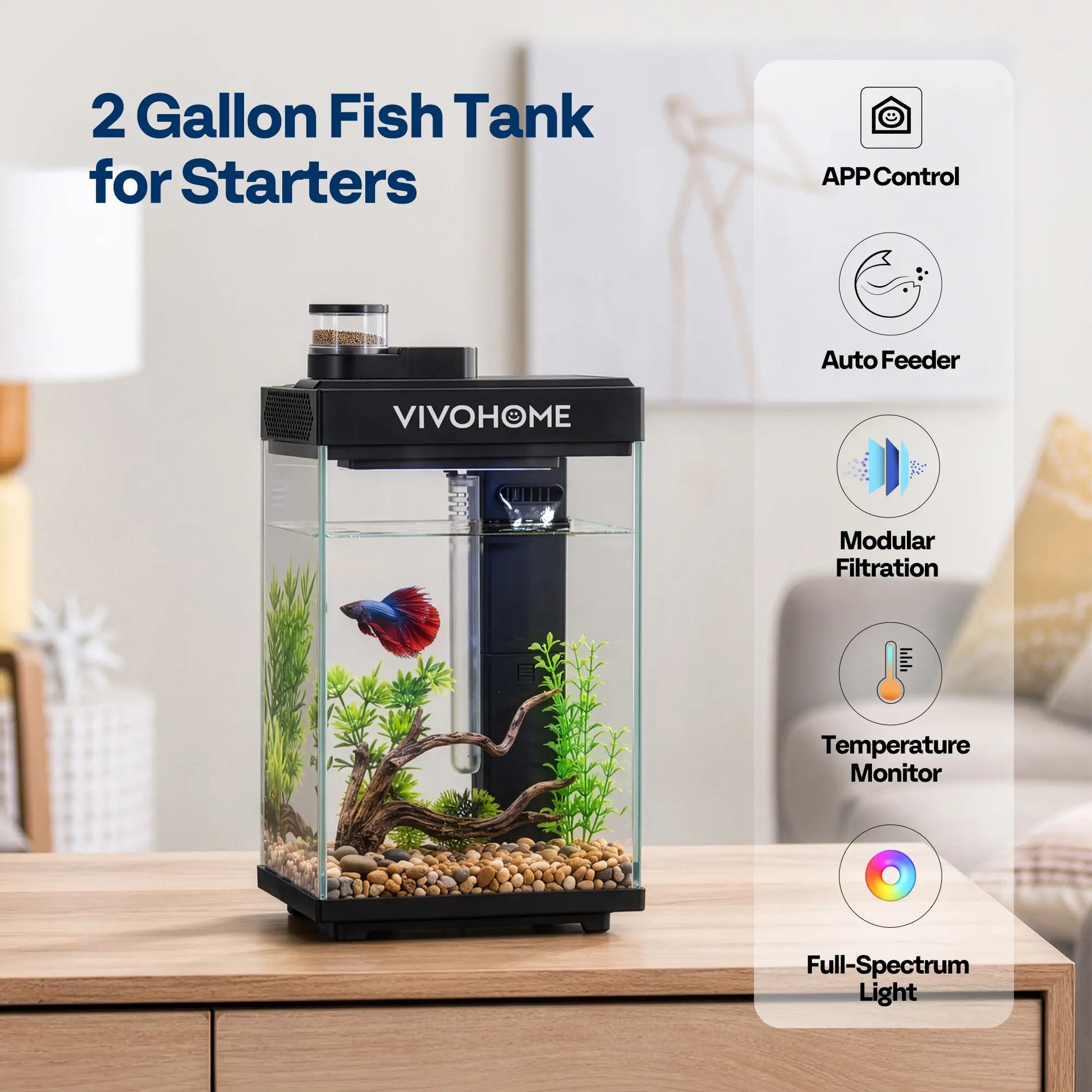 VIVOHOME 5 Gallon Smart Fish Tank with APP Control, Aquarium Starter Kit with Auto Feeder, Temperature Display, RGB LED Light, Self Cleaning Betta Fish Tank for Desktop