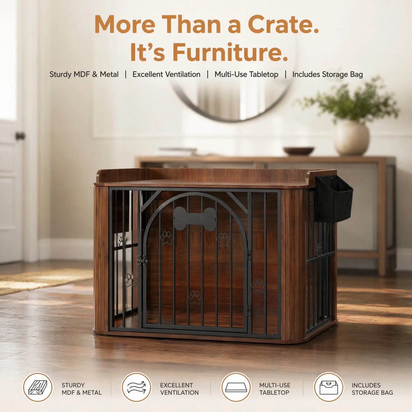 INTERGREAT Wooden Dog Crate Furniture, 40" End Table Dog Kennel with Magnetic Double Doors, Removable Storage Bag & Safety Rounded Corners, Decorative Pet House Indoor for Medium Dogs