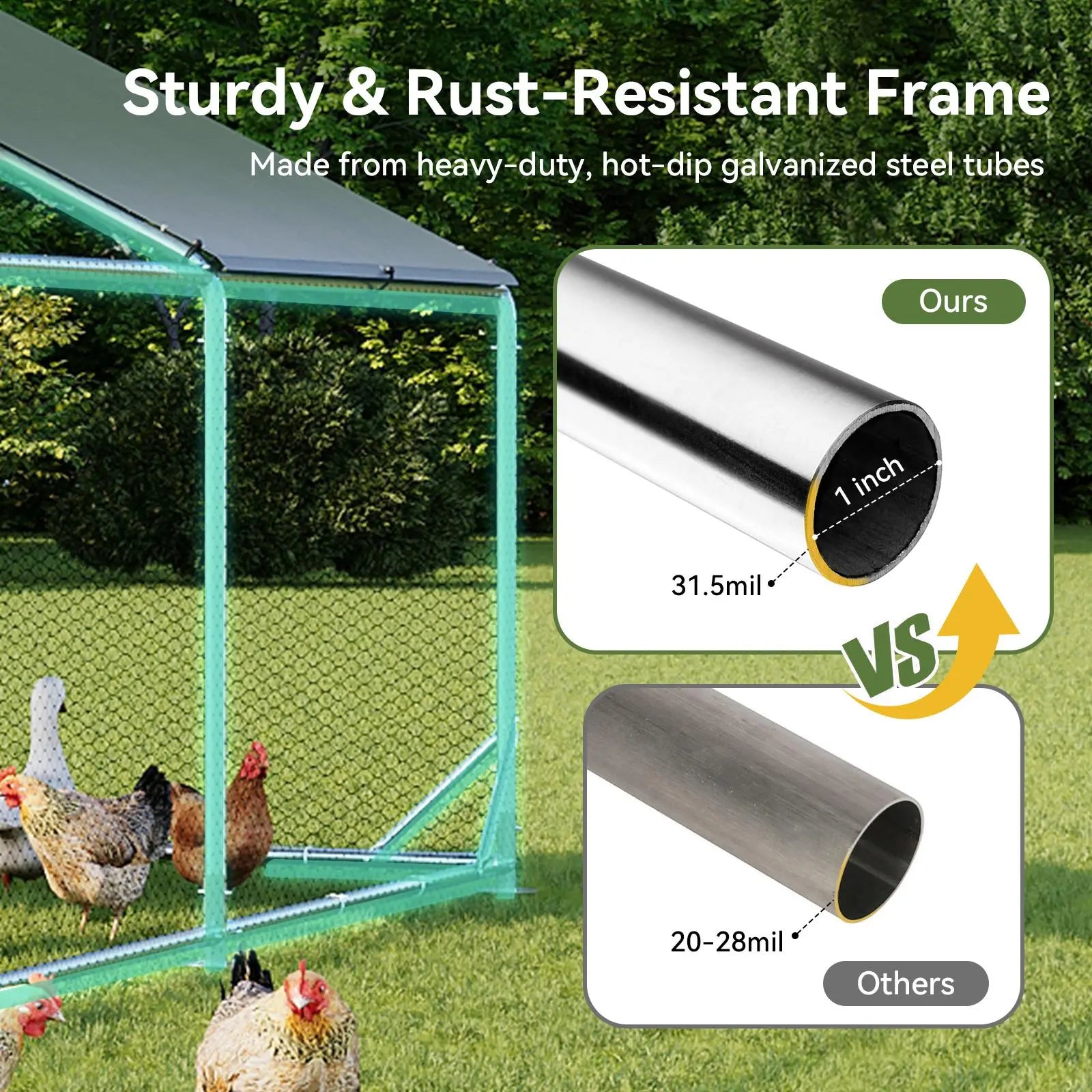Large Metal Poultry Coop, Hexagonal Wire Mesh Cover, Galvanized Steel Build, 420D Oxford Fabric Spire Peak Roof, Security Lock, All-Season Weatherproof Enclosed Chicken Cage for Yard & Farm, Chicken Cage Enclosed
