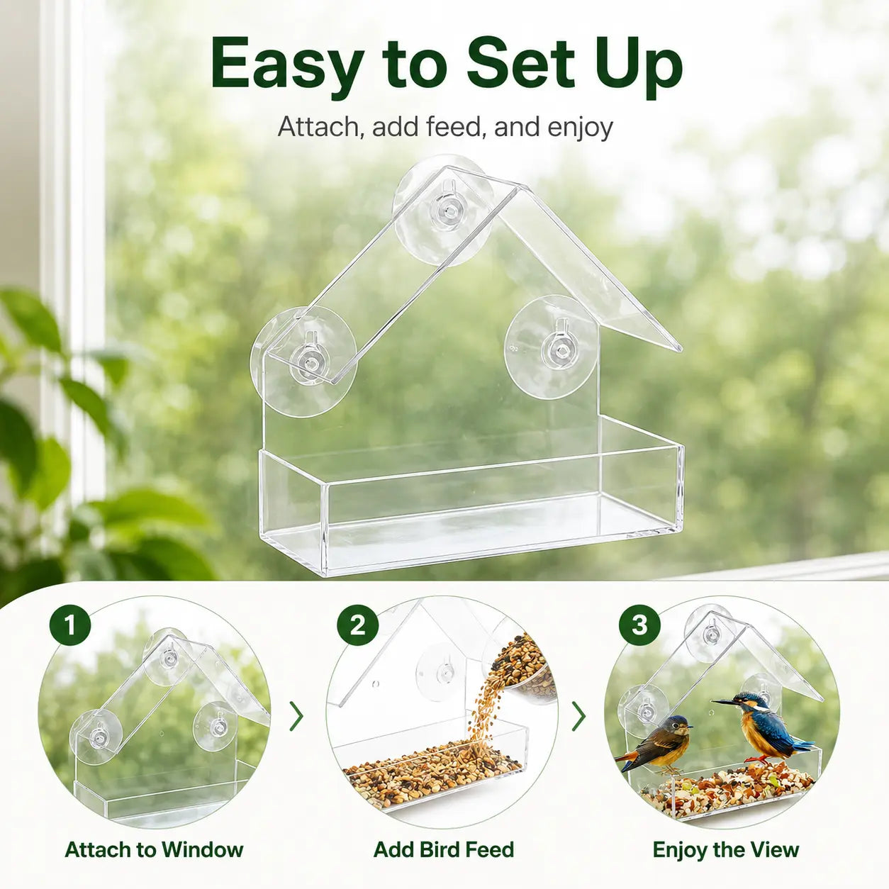 Clear Window Bird Feeder with Suction Cups, House-Shaped Wild Bird Feeding Tray for Window Bird Watching