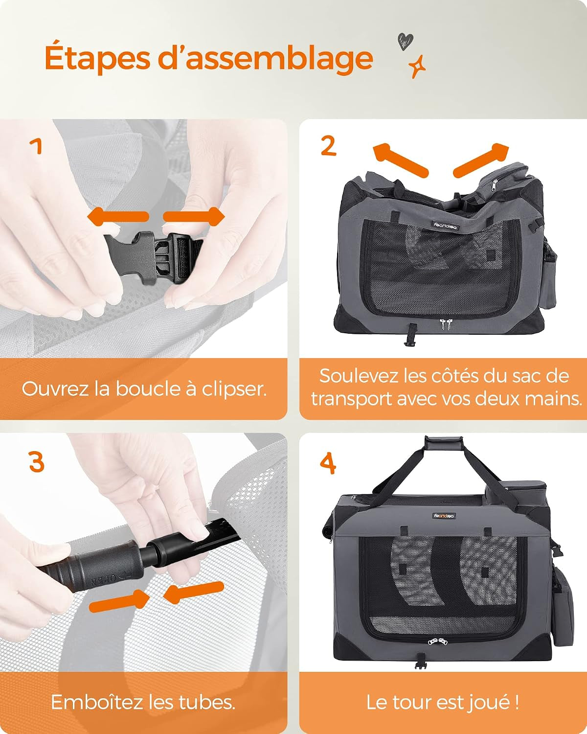 Sac Transport Chat Chien, Caisse Pliable Animaux De Companie, Taille L, Tissu Oxford, Filet, Respirant, Portable, Cadre En Métal, Avec Poignées Et Pochettes, 70 X 52 X 52 Cm, Gris
