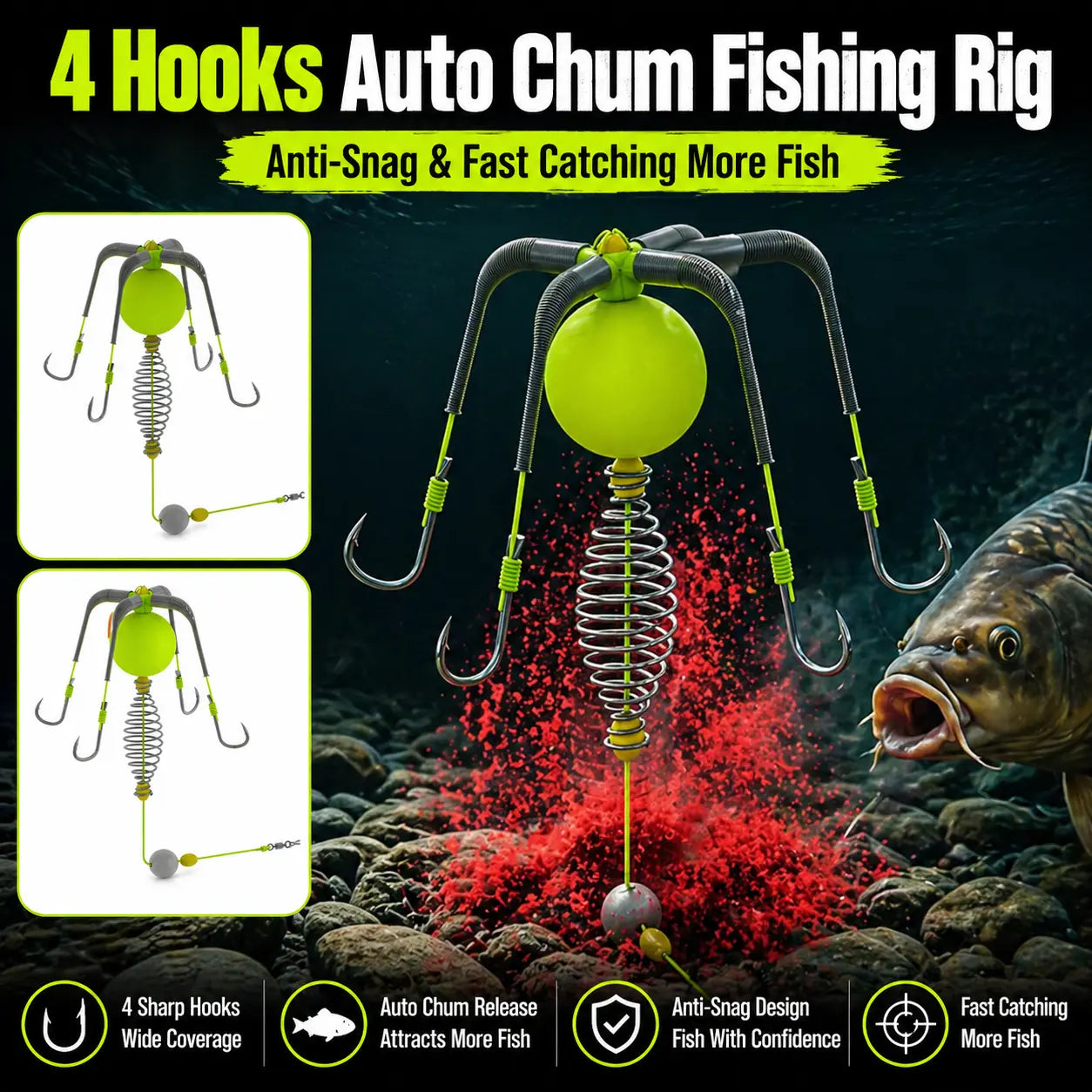 Bait Cage Feeder Rig with Explosion Style Floating Hooks, Anti-Snag Off-Bottom Accessories with Stable Lead Weight for Carp & Catfish, Fishing Accessories, Carp Fishing Setup, round Weights, Fishing Equipment Accessories
