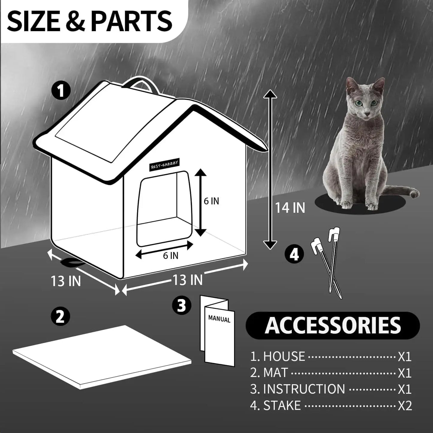 Cat House for Outdoor Cats, Weatherproof and Insulated Feral Cat House with Mat and Clip, Easy to Put Together, Selfwarming Cat Shelter for Winter(Grey, Waterproof House-S)