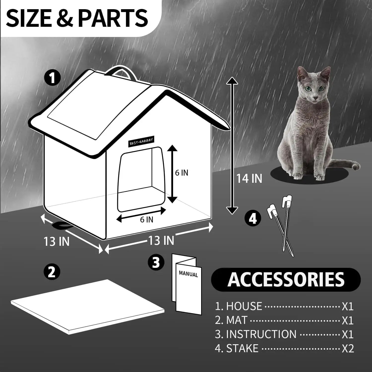 Cat House for Outdoor Cats, Weatherproof and Insulated Feral Cat House with Mat and Clip, Easy to Put Together, Selfwarming Cat Shelter for Winter(Grey, Waterproof House-S)
