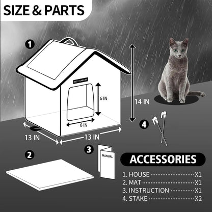 Cat House for Outdoor Cats, Weatherproof and Insulated Feral Cat House with Mat and Clip, Easy to Put Together, Selfwarming Cat Shelter for Winter(Grey, Waterproof House-S)