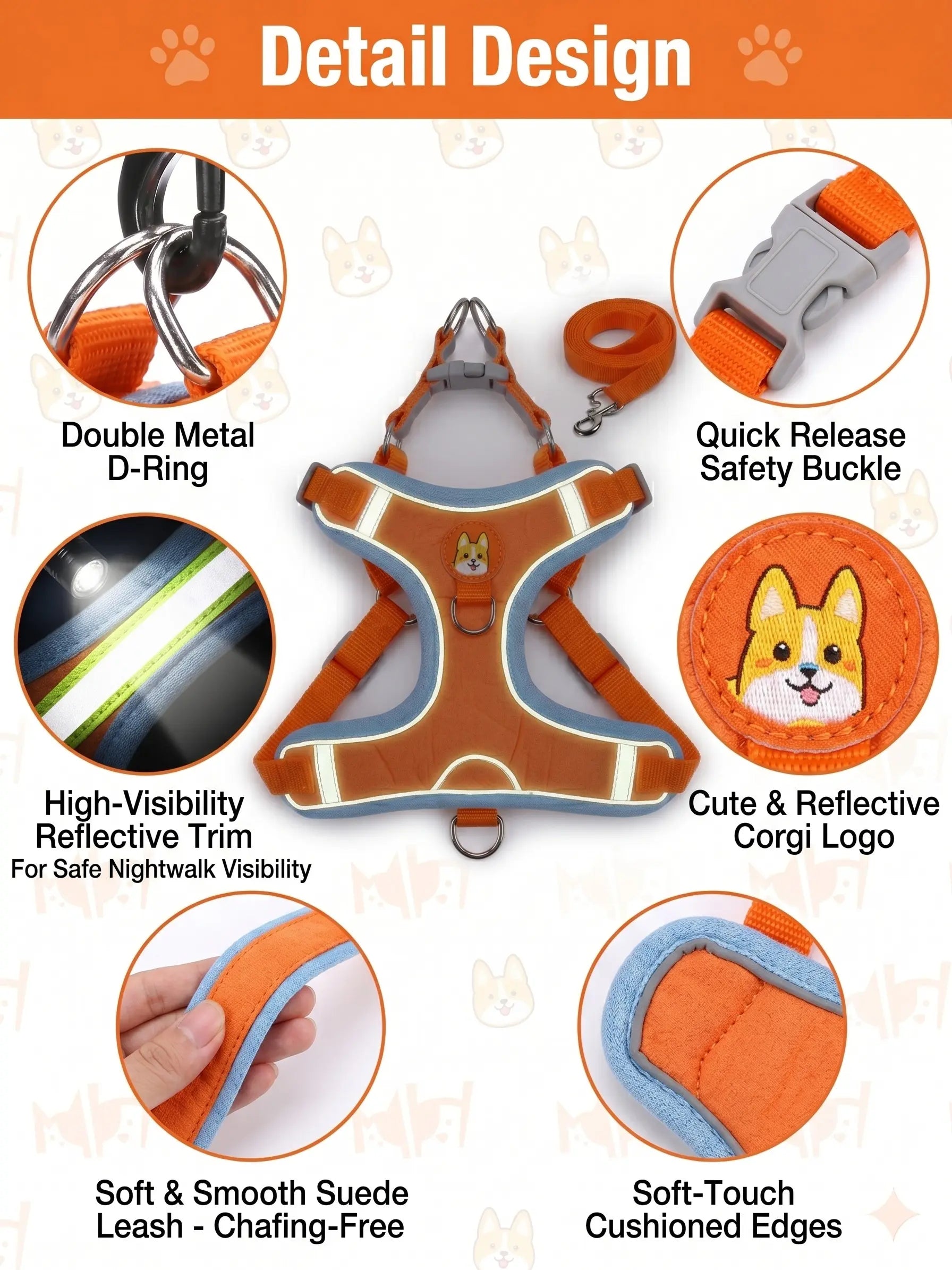 2 Pack Adjustable Pet Harness & Leash Set, Soft Suede Vest, Durable & Reflective, No-Tangle Leash for Easy Walking, Ideal for Daily Walks & Night Outdoor Use