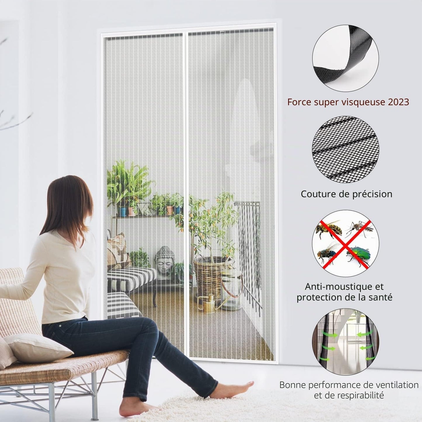 Moustiquaire Porte Fenêtre 90X210Cm, Fermeture Automatique, Blanc | Rideau Porte Moustiquaire Magnétique, Maillage Ultra Fin, Protection Efficace Contre Les Moustiques, Installer Sans Perçage