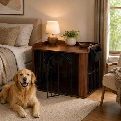 INTERGREAT Wooden Dog Crate Furniture, 40" End Table Dog Kennel with Magnetic Double Doors, Removable Storage Bag & Safety Rounded Corners, Decorative Pet House Indoor for Medium Dogs