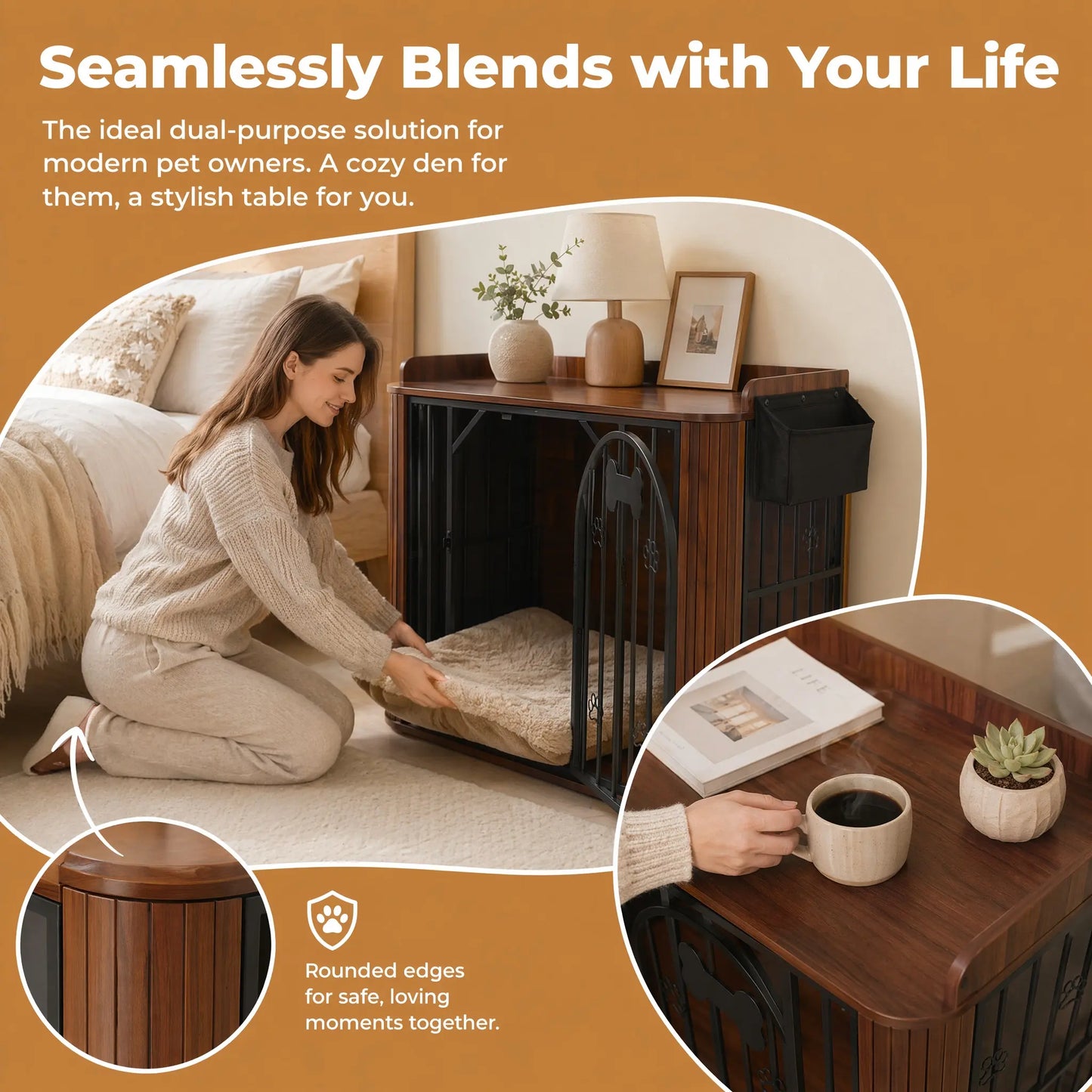 INTERGREAT Wooden Dog Crate Furniture, 40" End Table Dog Kennel with Magnetic Double Doors, Removable Storage Bag & Safety Rounded Corners, Decorative Pet House Indoor for Medium Dogs