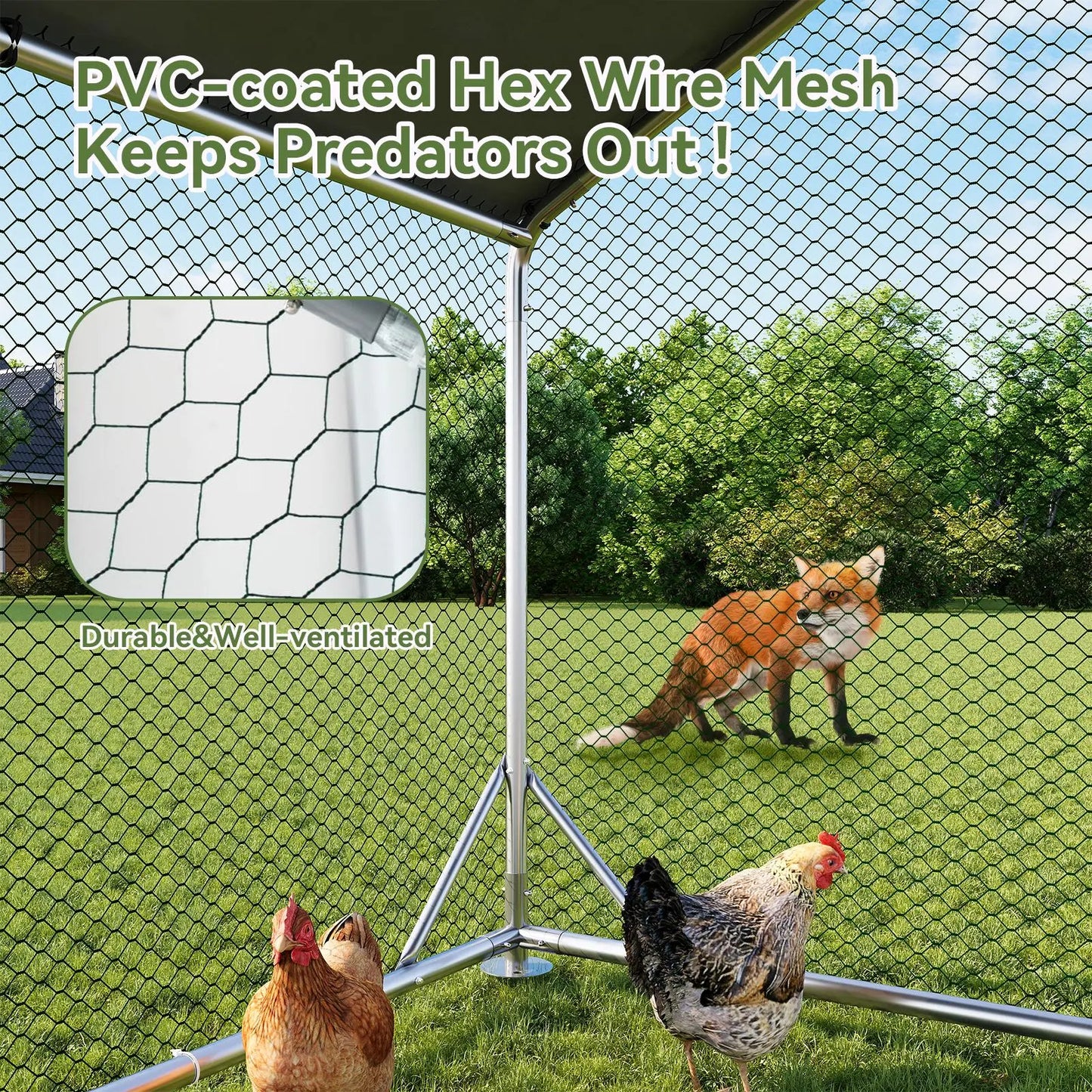 Large Metal Poultry Coop, Hexagonal Wire Mesh Cover, Galvanized Steel Build, 420D Oxford Fabric Spire Peak Roof, Security Lock, All-Season Weatherproof Enclosed Chicken Cage for Yard & Farm, Chicken Cage Enclosed