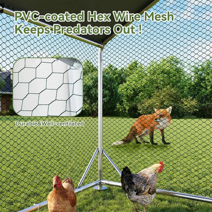 Large Metal Poultry Coop, Hexagonal Wire Mesh Cover, Galvanized Steel Build, 420D Oxford Fabric Spire Peak Roof, Security Lock, All-Season Weatherproof Enclosed Chicken Cage for Yard & Farm, Chicken Cage Enclosed