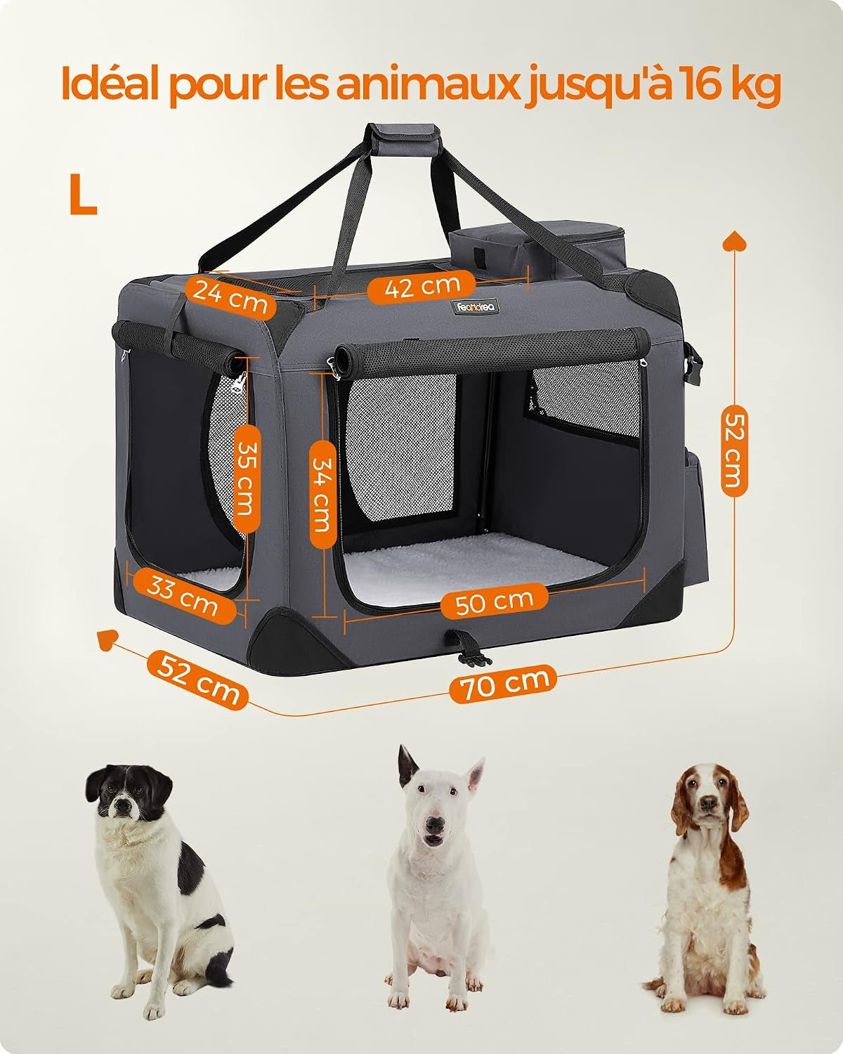 Sac Transport Chat Chien, Caisse Pliable Animaux De Companie, Taille L, Tissu Oxford, Filet, Respirant, Portable, Cadre En Métal, Avec Poignées Et Pochettes, 70 X 52 X 52 Cm, Gris
