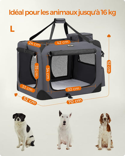 Sac Transport Chat Chien, Caisse Pliable Animaux De Companie, Taille L, Tissu Oxford, Filet, Respirant, Portable, Cadre En Métal, Avec Poignées Et Pochettes, 70 X 52 X 52 Cm, Gris