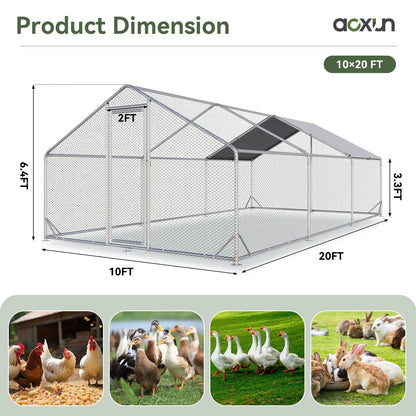 Large Metal Poultry Coop, Hexagonal Wire Mesh Cover, Galvanized Steel Build, 420D Oxford Fabric Spire Peak Roof, Security Lock, All-Season Weatherproof Enclosed Chicken Cage for Yard & Farm, Chicken Cage Enclosed