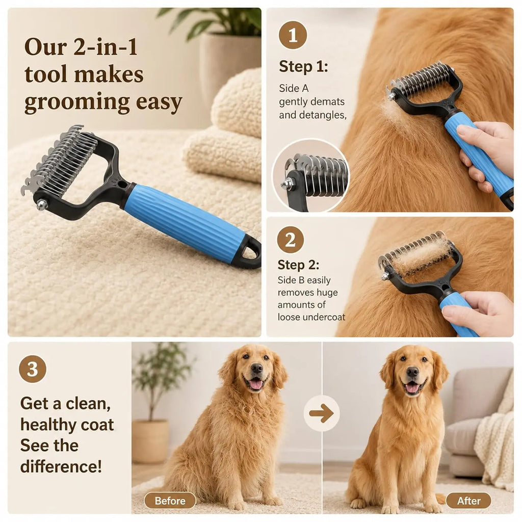 Dual-Sides Stainless Steel Dematting Slicker Comb for Cats & Dogs, Undercoat Rake Grooming Tool for Thick/Long Hair, Dematt & Remove Tangles Knots Loose Fur, Reduces Shedding
