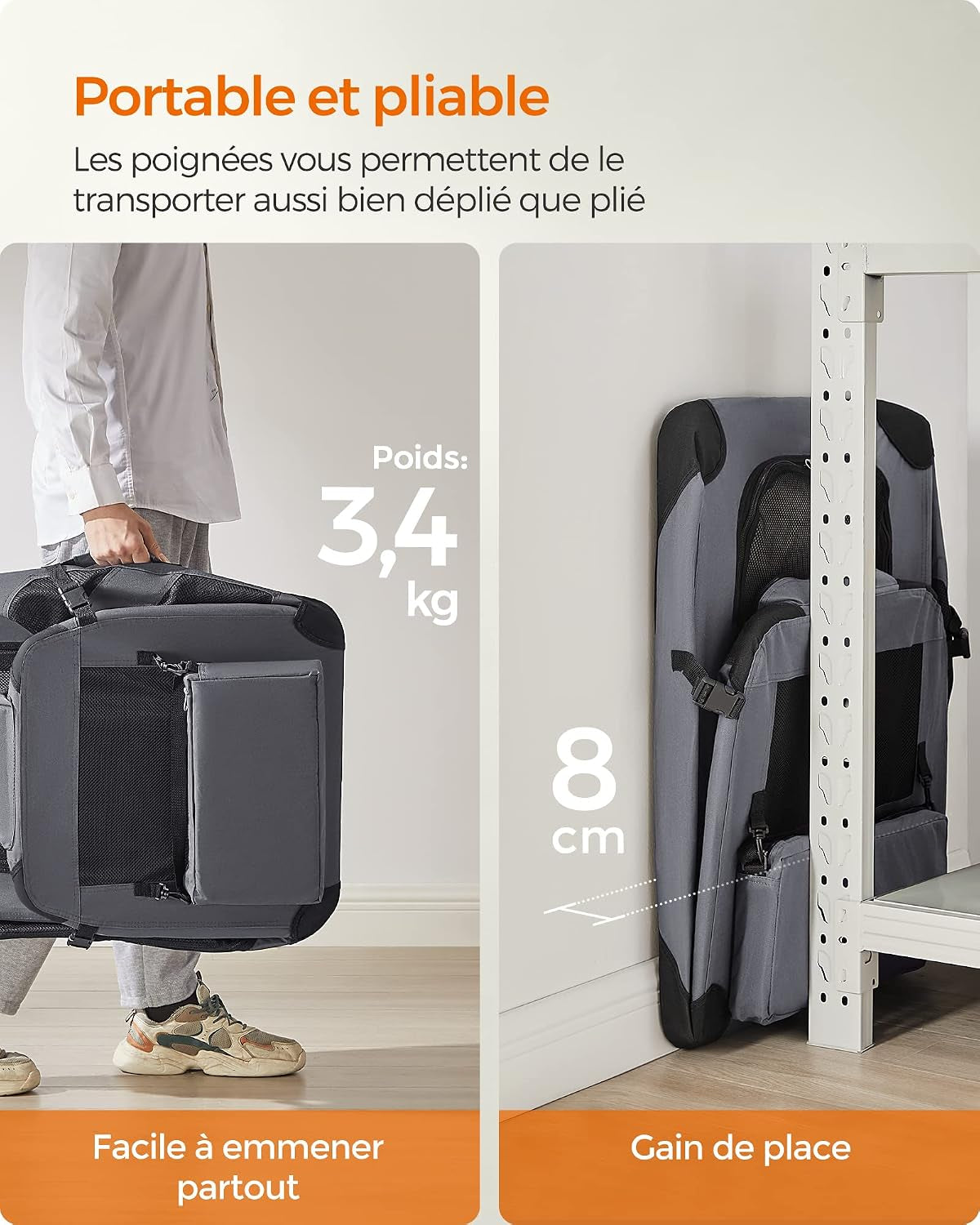 Sac Transport Chat Chien, Caisse Pliable Animaux De Companie, Taille L, Tissu Oxford, Filet, Respirant, Portable, Cadre En Métal, Avec Poignées Et Pochettes, 70 X 52 X 52 Cm, Gris