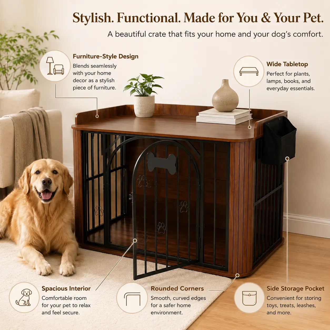 INTERGREAT Wooden Dog Crate Furniture, 40" End Table Dog Kennel with Magnetic Double Doors, Removable Storage Bag & Safety Rounded Corners, Decorative Pet House Indoor for Medium Dogs