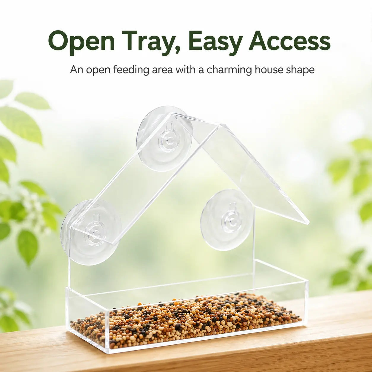 Clear Window Bird Feeder with Suction Cups, House-Shaped Wild Bird Feeding Tray for Window Bird Watching