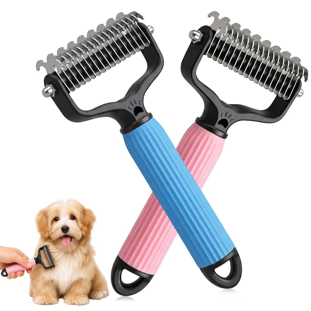Dual-Sides Stainless Steel Dematting Slicker Comb for Cats & Dogs, Undercoat Rake Grooming Tool for Thick/Long Hair, Dematt & Remove Tangles Knots Loose Fur, Reduces Shedding