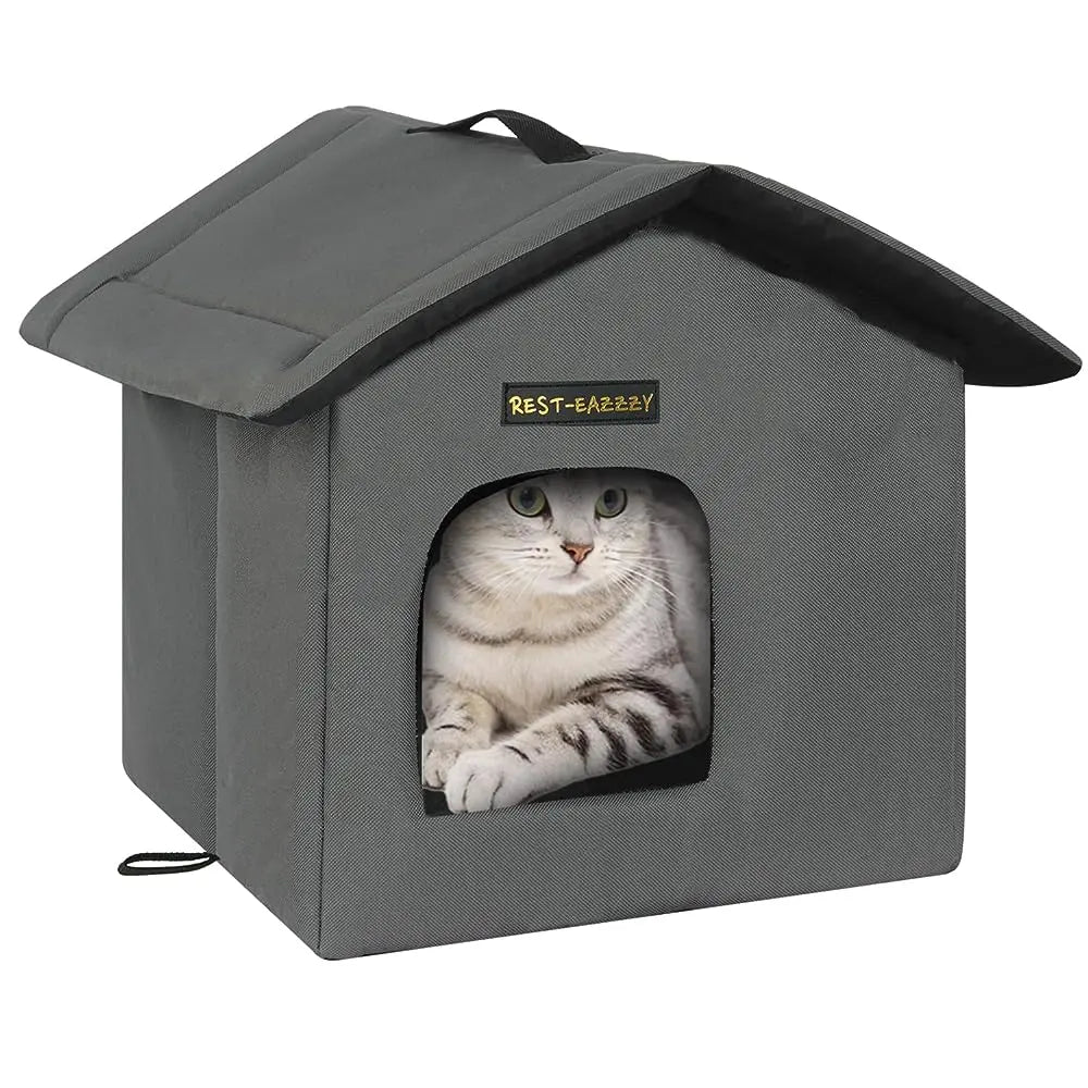 Cat House for Outdoor Cats, Weatherproof and Insulated Feral Cat House with Mat and Clip, Easy to Put Together, Selfwarming Cat Shelter for Winter(Grey, Waterproof House-S)