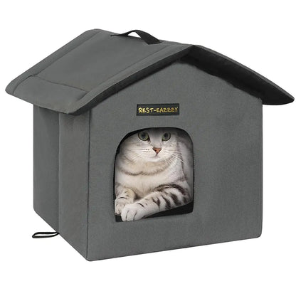Cat House for Outdoor Cats, Weatherproof and Insulated Feral Cat House with Mat and Clip, Easy to Put Together, Selfwarming Cat Shelter for Winter(Grey, Waterproof House-S)