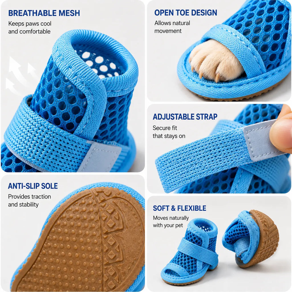 4 Counts Breathable Mesh Dog Shoes, Anti-Slip Adjustable Strap Lightweight Pet Paw Protectors for Summer Daily Outdoor Walking