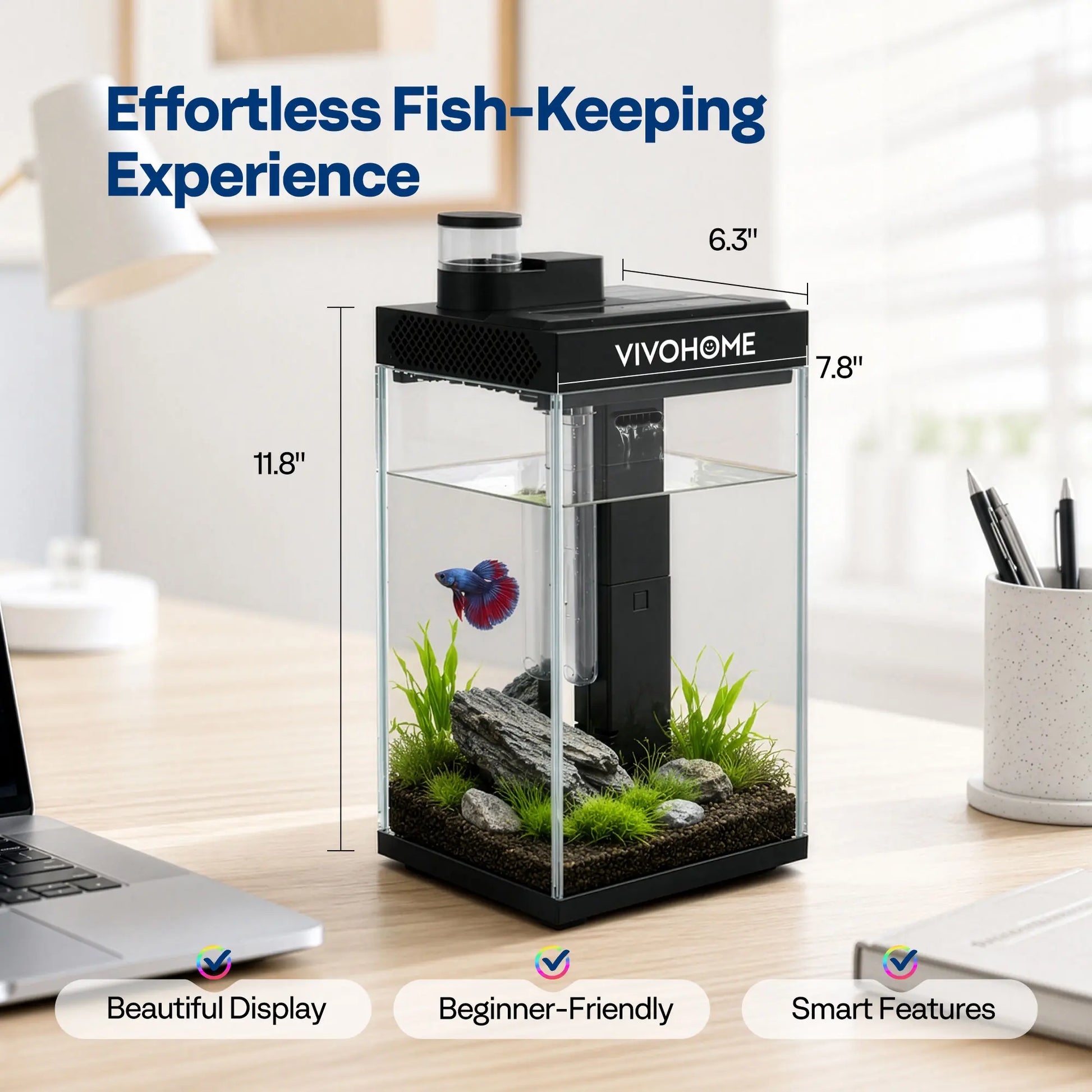 VIVOHOME 5 Gallon Smart Fish Tank with APP Control, Aquarium Starter Kit with Auto Feeder, Temperature Display, RGB LED Light, Self Cleaning Betta Fish Tank for Desktop