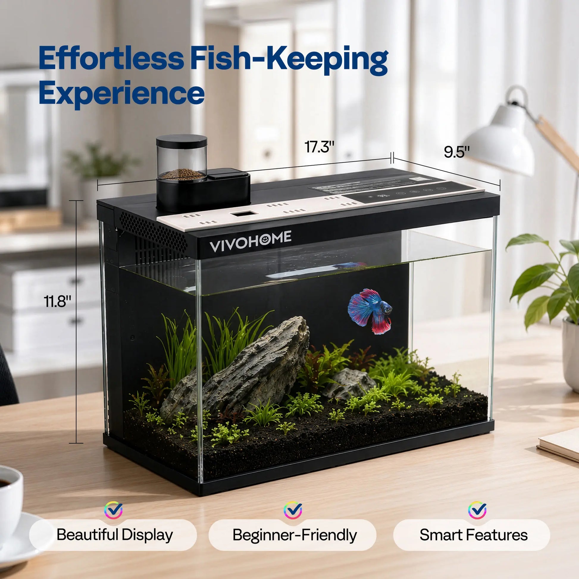 VIVOHOME 5 Gallon Smart Fish Tank with APP Control, Aquarium Starter Kit with Auto Feeder, Temperature Display, RGB LED Light, Self Cleaning Betta Fish Tank for Desktop