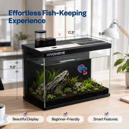 VIVOHOME 5 Gallon Smart Fish Tank with APP Control, Aquarium Starter Kit with Auto Feeder, Temperature Display, RGB LED Light, Self Cleaning Betta Fish Tank for Desktop