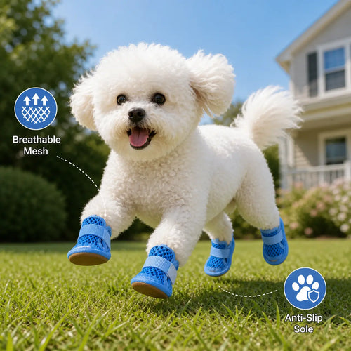 4 Counts Breathable Mesh Dog Shoes, Anti-Slip Adjustable Strap Lightweight Pet Paw Protectors for Summer Daily Outdoor Walking