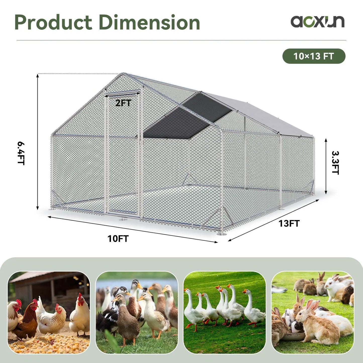 Large Metal Poultry Coop, Hexagonal Wire Mesh Cover, Galvanized Steel Build, 420D Oxford Fabric Spire Peak Roof, Security Lock, All-Season Weatherproof Enclosed Chicken Cage for Yard & Farm, Chicken Cage Enclosed
