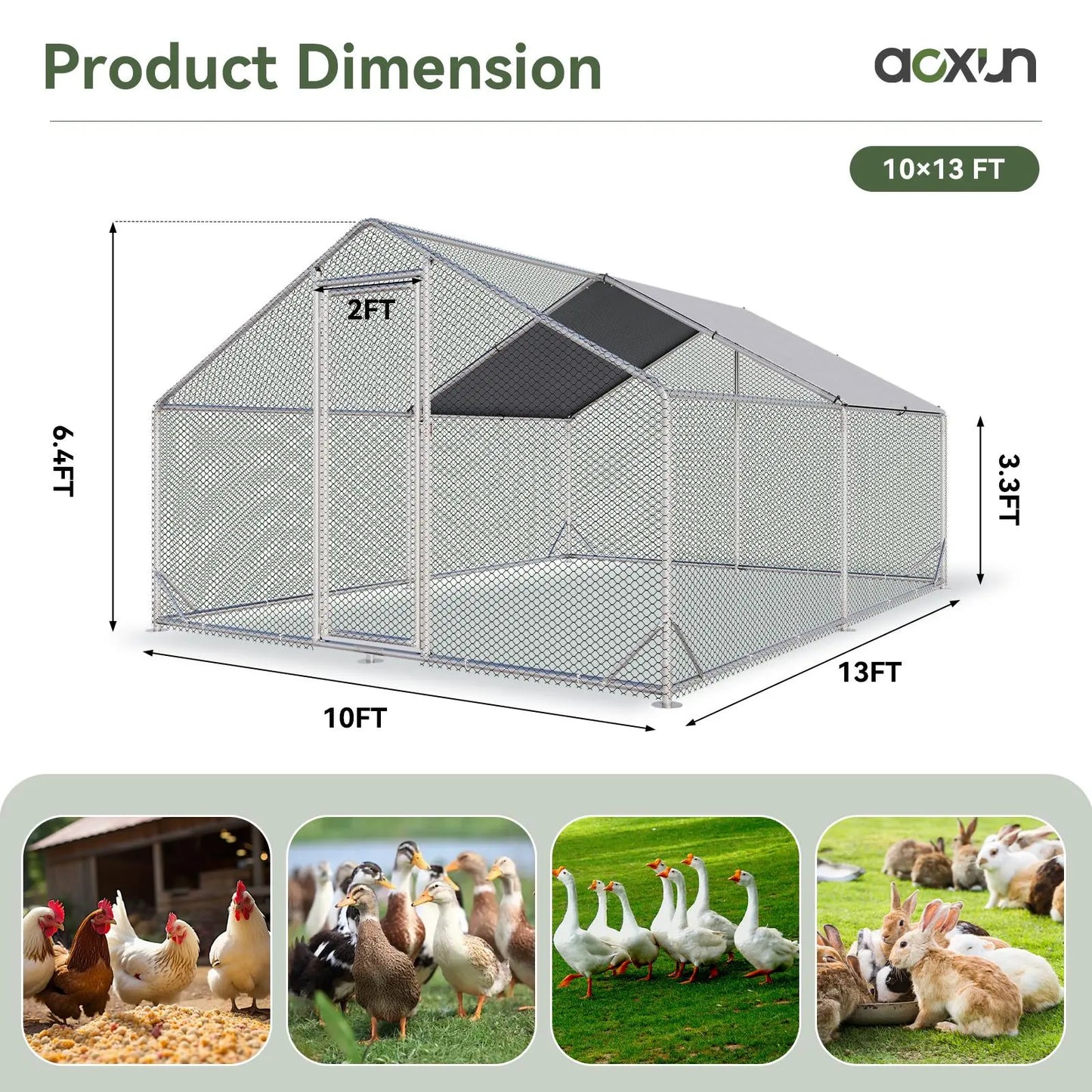 Large Metal Poultry Coop, Hexagonal Wire Mesh Cover, Galvanized Steel Build, 420D Oxford Fabric Spire Peak Roof, Security Lock, All-Season Weatherproof Enclosed Chicken Cage for Yard & Farm, Chicken Cage Enclosed