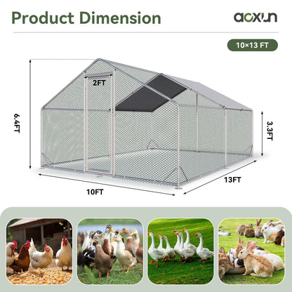 Large Metal Poultry Coop, Hexagonal Wire Mesh Cover, Galvanized Steel Build, 420D Oxford Fabric Spire Peak Roof, Security Lock, All-Season Weatherproof Enclosed Chicken Cage for Yard & Farm, Chicken Cage Enclosed