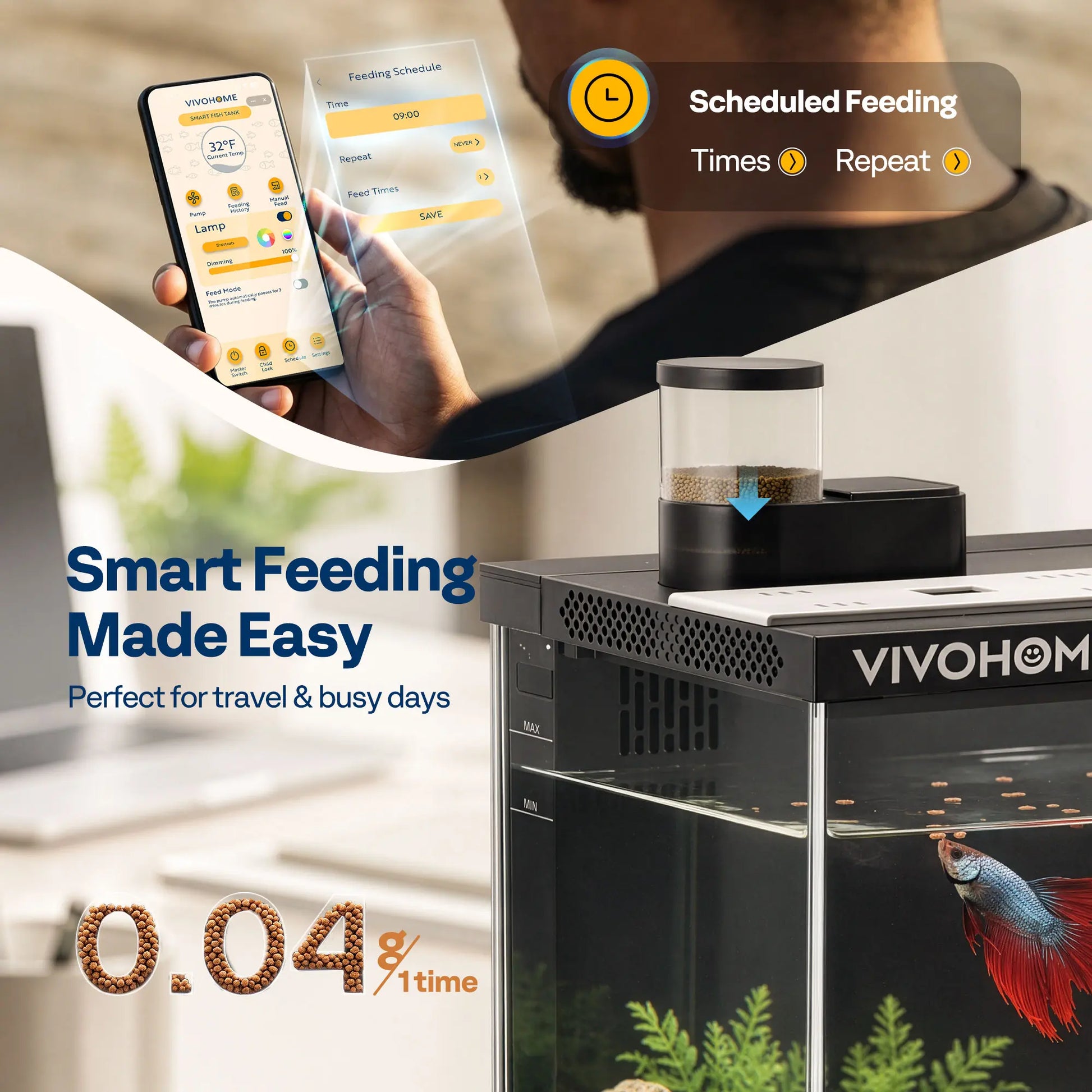 VIVOHOME 5 Gallon Smart Fish Tank with APP Control, Aquarium Starter Kit with Auto Feeder, Temperature Display, RGB LED Light, Self Cleaning Betta Fish Tank for Desktop