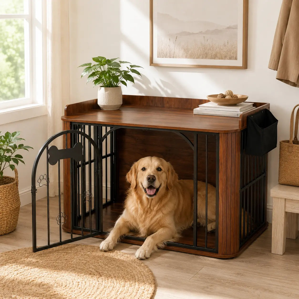 INTERGREAT Wooden Dog Crate Furniture, 40" End Table Dog Kennel with Magnetic Double Doors, Removable Storage Bag & Safety Rounded Corners, Decorative Pet House Indoor for Medium Dogs