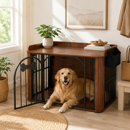 INTERGREAT Wooden Dog Crate Furniture, 40" End Table Dog Kennel with Magnetic Double Doors, Removable Storage Bag & Safety Rounded Corners, Decorative Pet House Indoor for Medium Dogs