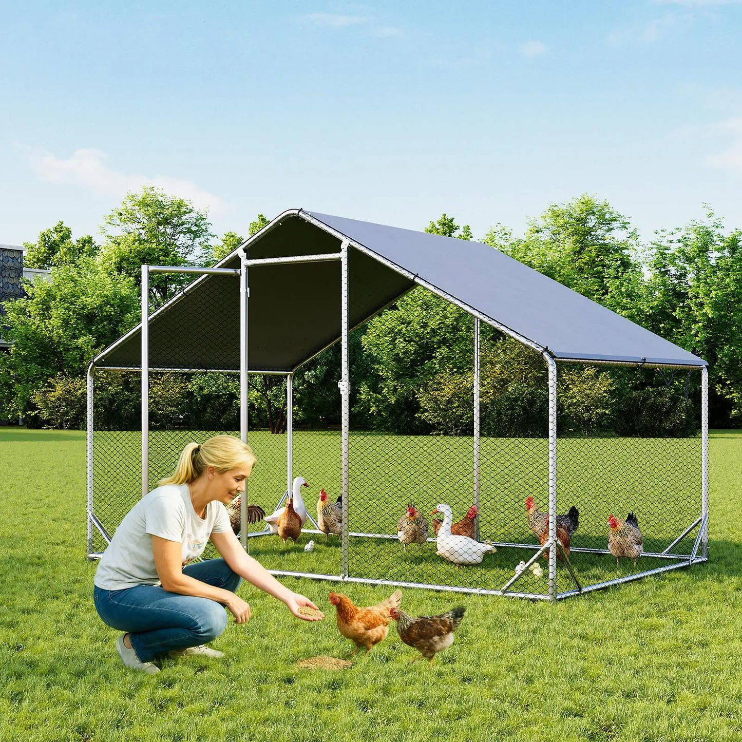 Large Metal Poultry Coop, Hexagonal Wire Mesh Cover, Galvanized Steel Build, 420D Oxford Fabric Spire Peak Roof, Security Lock, All-Season Weatherproof Enclosed Chicken Cage for Yard & Farm, Chicken Cage Enclosed