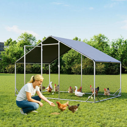 Large Metal Poultry Coop, Hexagonal Wire Mesh Cover, Galvanized Steel Build, 420D Oxford Fabric Spire Peak Roof, Security Lock, All-Season Weatherproof Enclosed Chicken Cage for Yard & Farm, Chicken Cage Enclosed