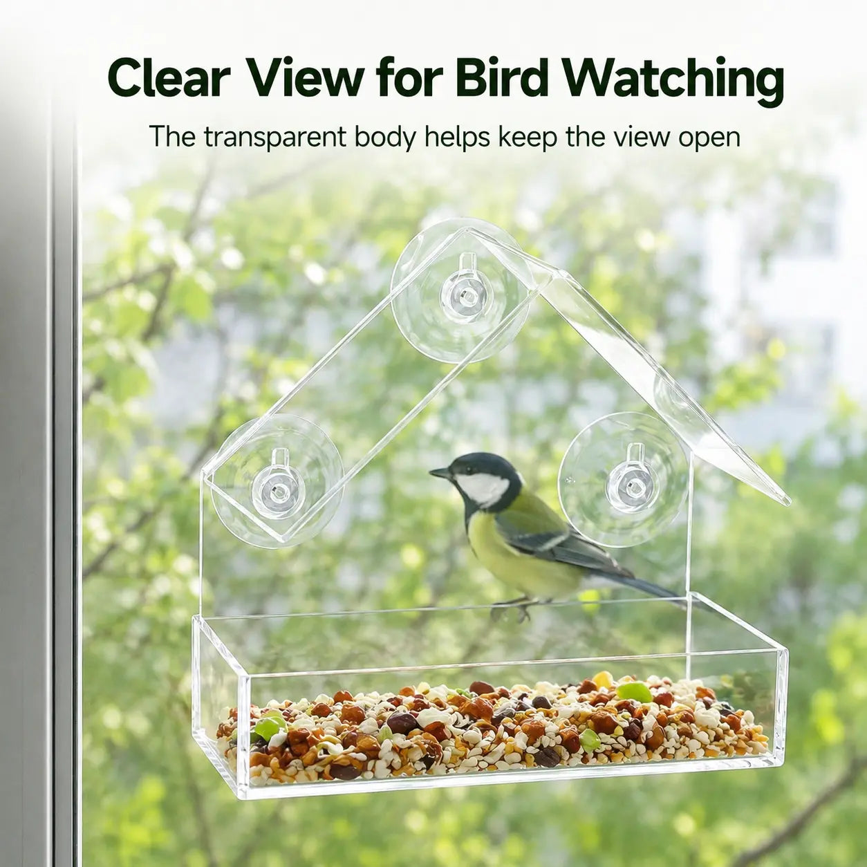 Clear Window Bird Feeder with Suction Cups, House-Shaped Wild Bird Feeding Tray for Window Bird Watching