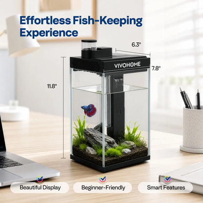 VIVOHOME 5 Gallon Smart Fish Tank with APP Control, Aquarium Starter Kit with Auto Feeder, Temperature Display, RGB LED Light, Self Cleaning Betta Fish Tank for Desktop