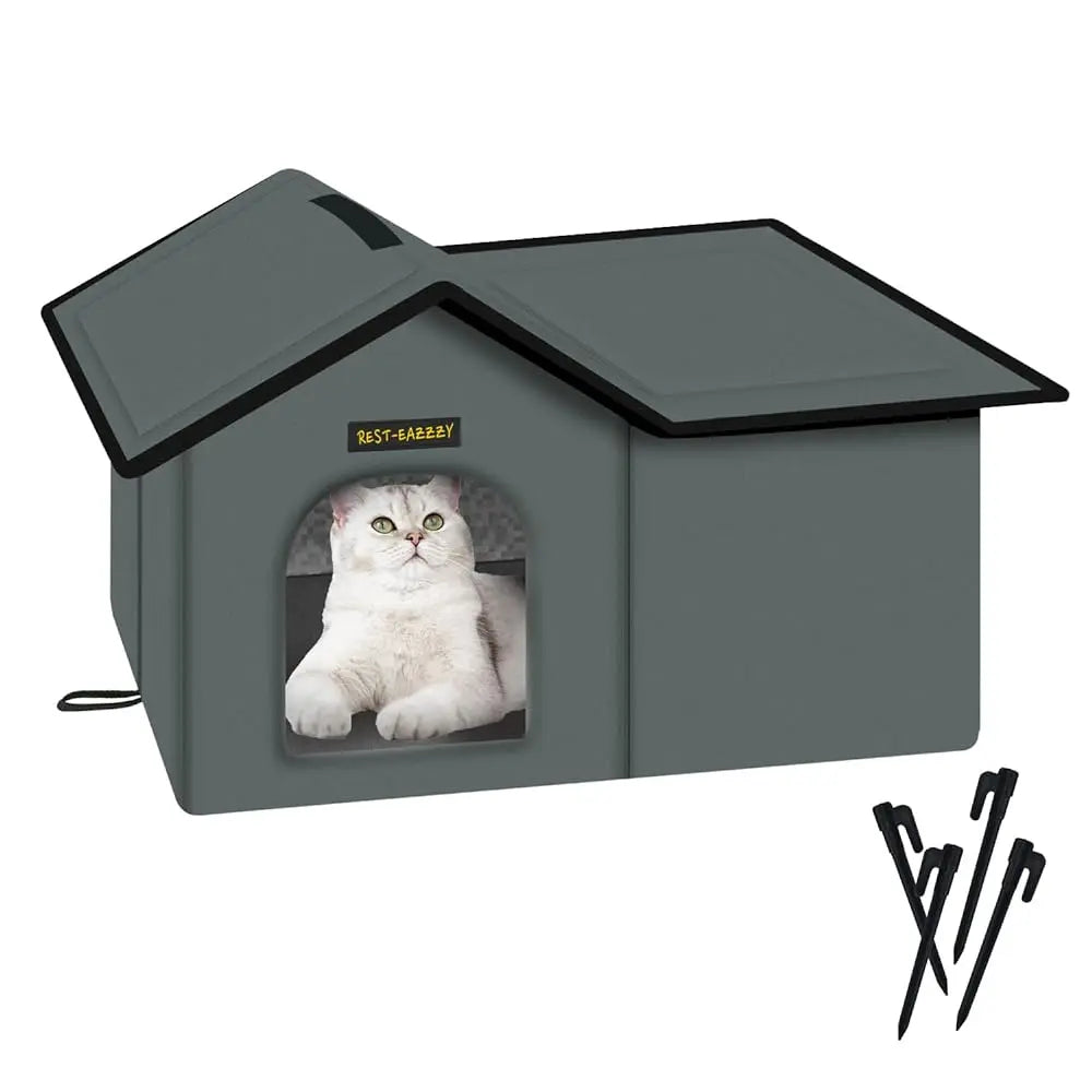 Cat House for Outdoor Cats, Weatherproof and Insulated Feral Cat House with Mat and Clip, Easy to Put Together, Selfwarming Cat Shelter for Winter(Grey, Waterproof House-S)