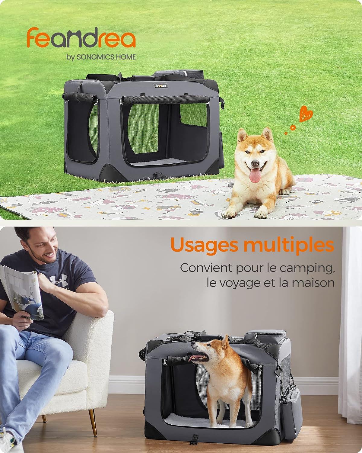 Sac Transport Chat Chien, Caisse Pliable Animaux De Companie, Taille L, Tissu Oxford, Filet, Respirant, Portable, Cadre En Métal, Avec Poignées Et Pochettes, 70 X 52 X 52 Cm, Gris