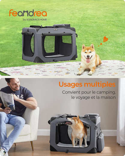 Sac Transport Chat Chien, Caisse Pliable Animaux De Companie, Taille L, Tissu Oxford, Filet, Respirant, Portable, Cadre En Métal, Avec Poignées Et Pochettes, 70 X 52 X 52 Cm, Gris