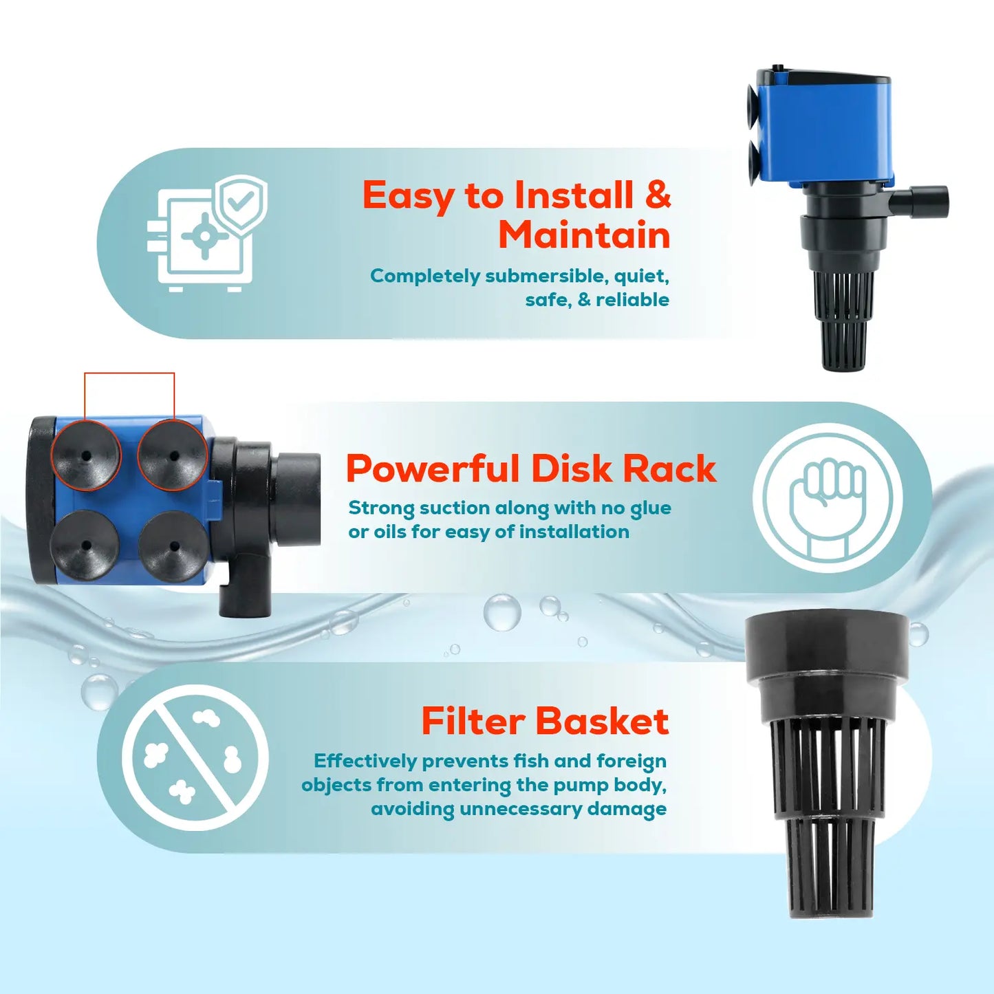 Aquadream 210 GPH Square Submersible Water Pump - 3-In-1 Quiet Filter & Oxygen Aeration Pump, 15W, 3.75" L X 2.75" W X 3" H, 6Ft Tube, Connectors, Power Supply, Easy Install, 1-Year Replacement for Fish Tanks, Fountains, Submersible Water Pumps