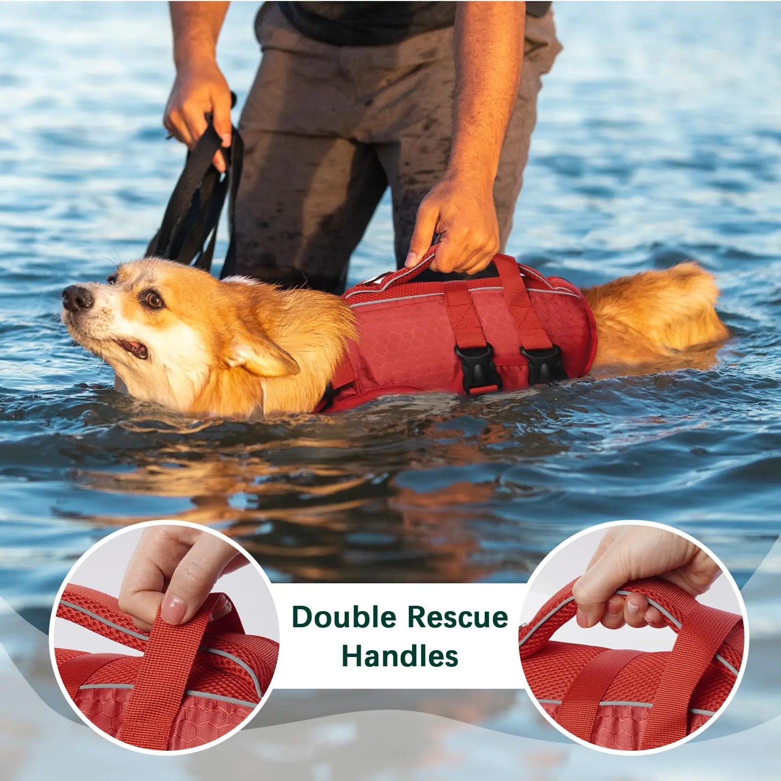 Kuoser Dog Life Jacket High Buoyancy, Reflective Dog Life Vest for Swimming Boating, Adjustable Small Medium Large Dog Lifejacket, Lightweight Dog Life Preserver Rescue Handle Spring Summer Pool