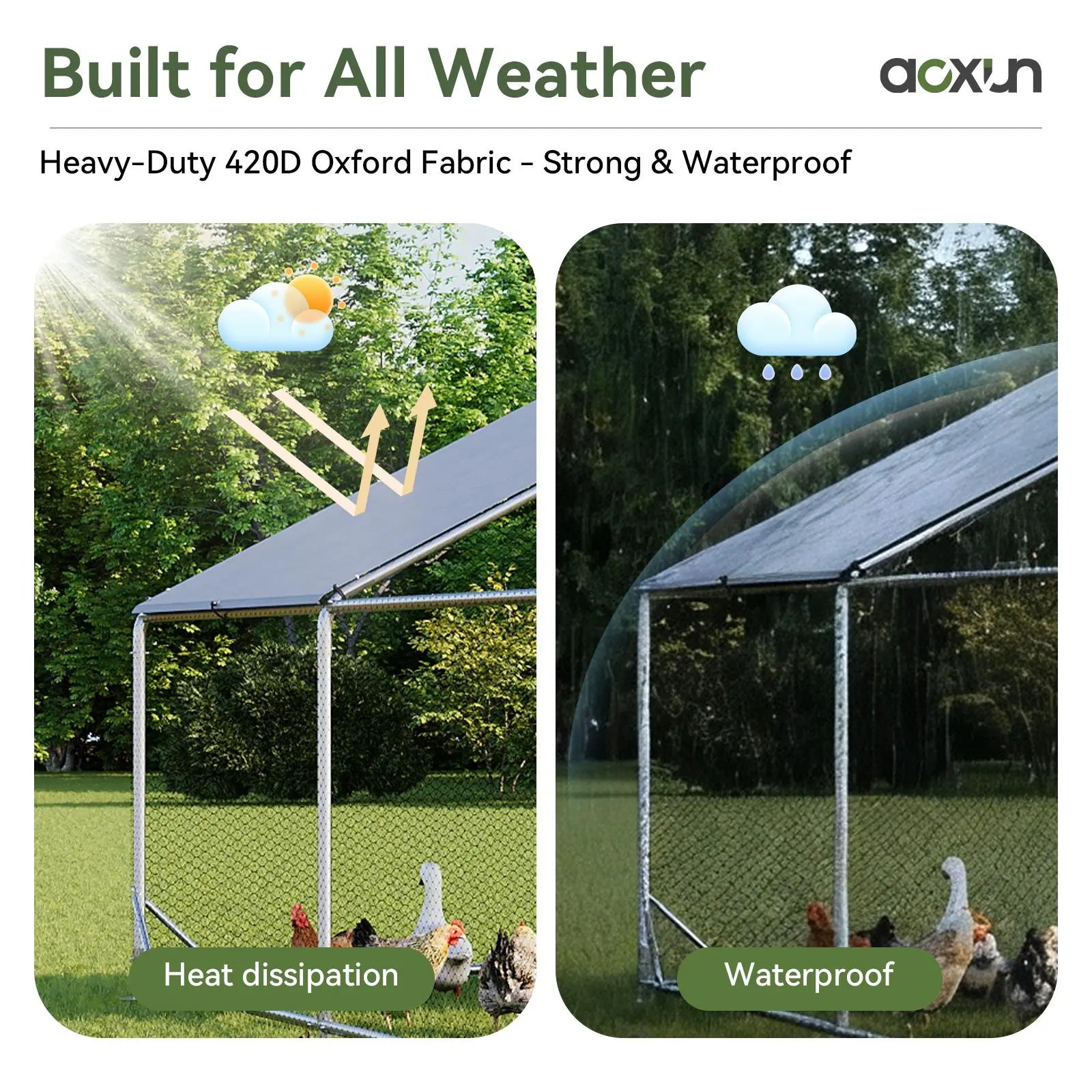 Large Metal Poultry Coop, Hexagonal Wire Mesh Cover, Galvanized Steel Build, 420D Oxford Fabric Spire Peak Roof, Security Lock, All-Season Weatherproof Enclosed Chicken Cage for Yard & Farm, Chicken Cage Enclosed