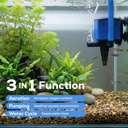 Aquadream 210 GPH Square Submersible Water Pump - 3-In-1 Quiet Filter & Oxygen Aeration Pump, 15W, 3.75" L X 2.75" W X 3" H, 6Ft Tube, Connectors, Power Supply, Easy Install, 1-Year Replacement for Fish Tanks, Fountains, Submersible Water Pumps