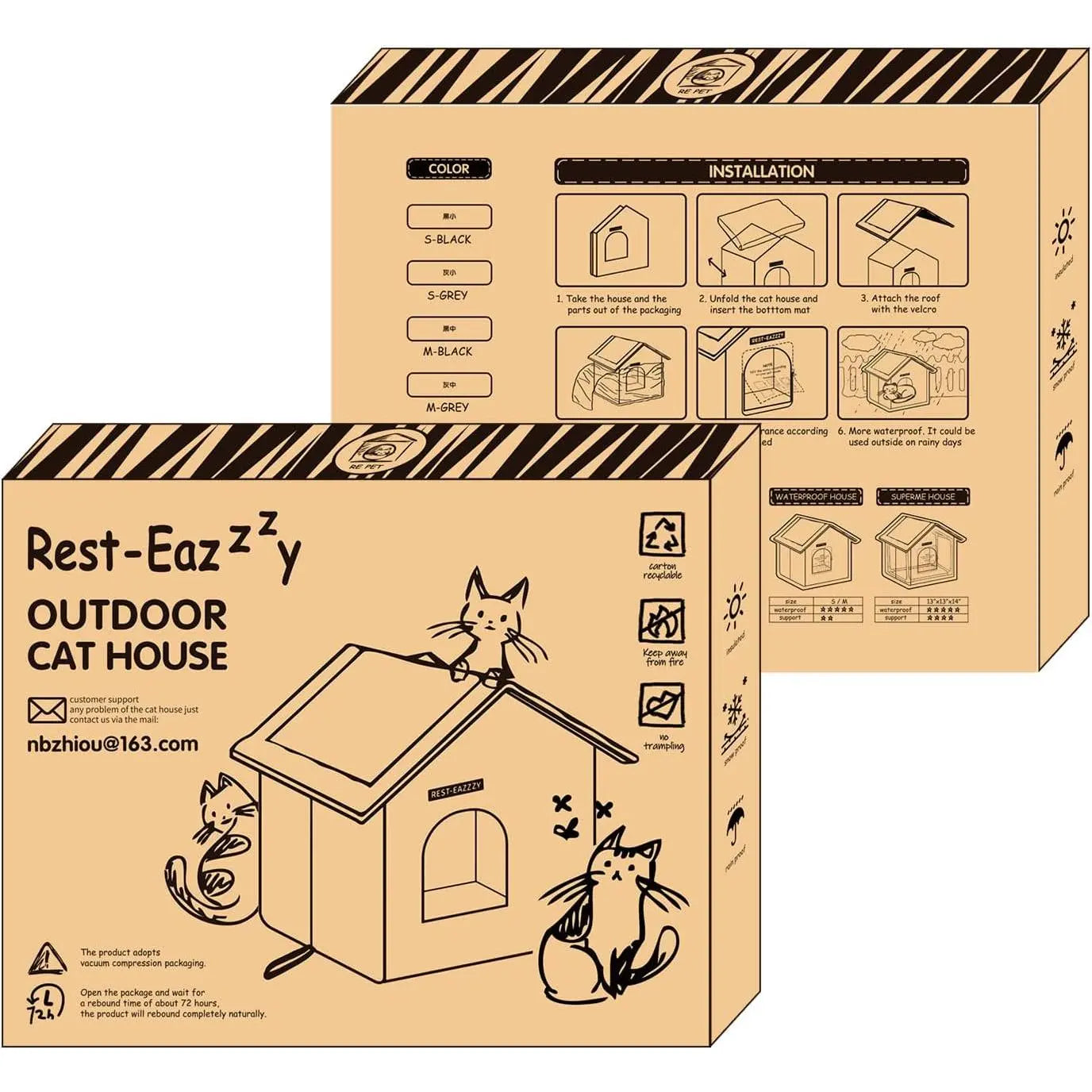 Cat House for Outdoor Cats, Weatherproof and Insulated Feral Cat House with Mat and Clip, Easy to Put Together, Selfwarming Cat Shelter for Winter(Grey, Waterproof House-S)