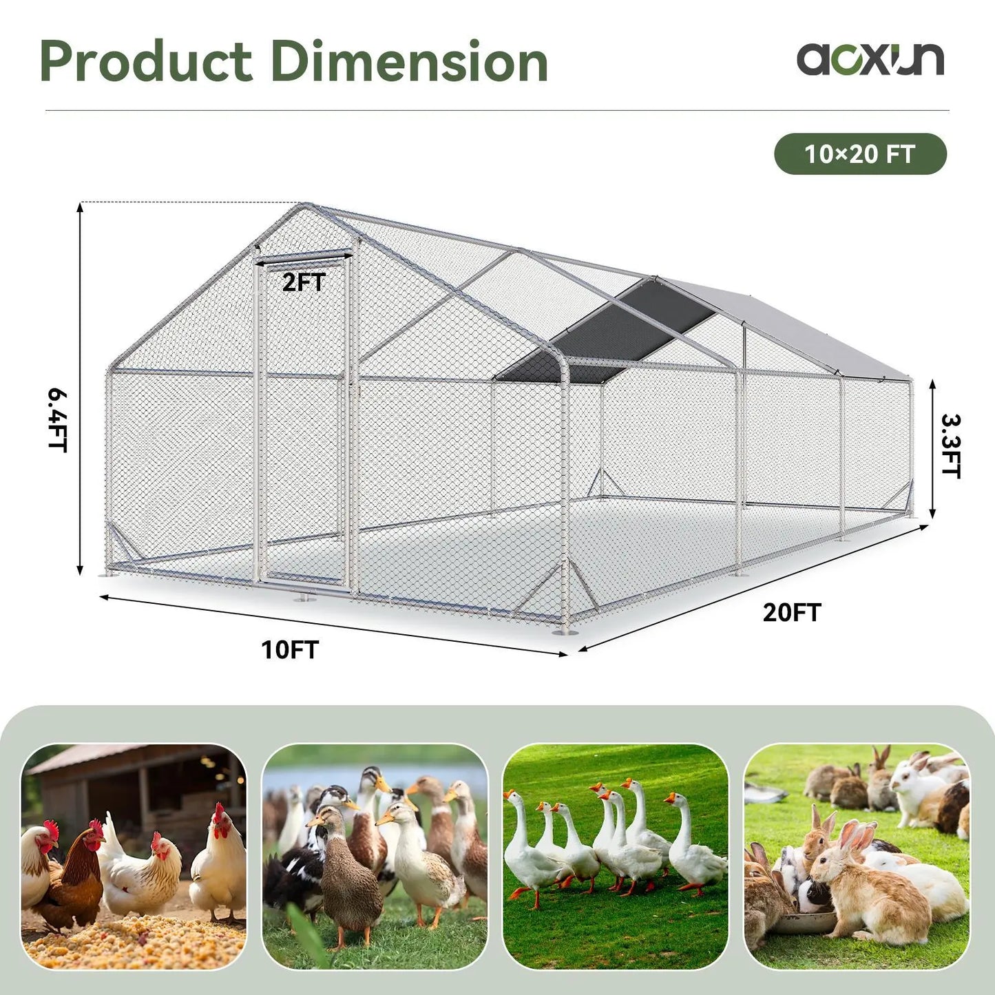 Large Metal Poultry Coop, Hexagonal Wire Mesh Cover, Galvanized Steel Build, 420D Oxford Fabric Spire Peak Roof, Security Lock, All-Season Weatherproof Enclosed Chicken Cage for Yard & Farm, Chicken Cage Enclosed